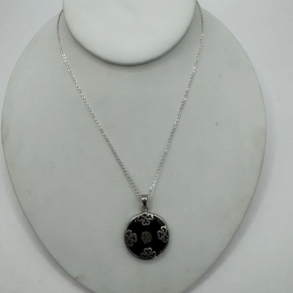 925 Italy Sterling Silver Onyx Donut Circle Necklace Chinese Characters 20”